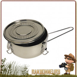 Gamelle Inox avec couvercle pour la cuisson, conservation et consommation des aliments. Résiste au feu de bois