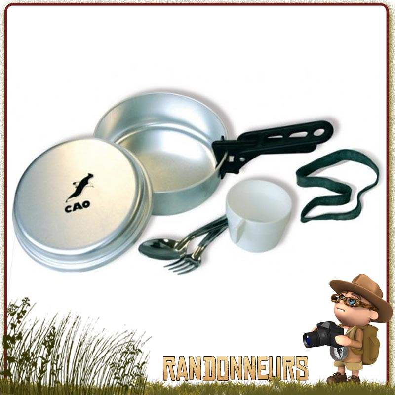 Set Popote Scout Aluminium une Personne CAO 7 pièces (faitout, poêle, assiette, cuiller, fourchette, pince, gobelet