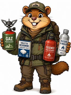 Combustibles pour réchauds camping avec cartouches gaz, tablettes hexamine et alcool pour bivouac et randonnée.