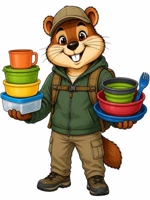 Vaisselle plastique camping sans BPA légère avec assiettes, bols, tasses et couverts pour randonnée et camping.