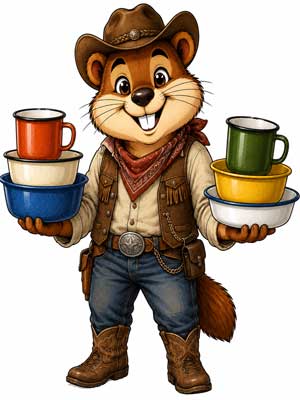 Vaisselle camping acier émaillé vintage avec assiettes, bols et tasses colorées pour camping et repas en plein air.