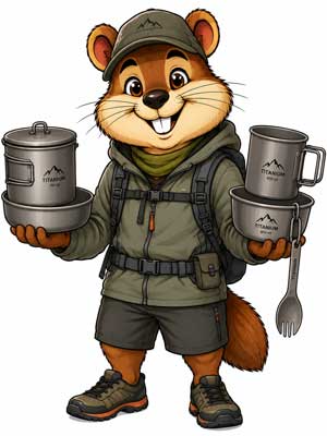 Vaisselle camping titane ultralégère avec popote, tasse, couverts et bouilloire pour randonnée ultra légère.